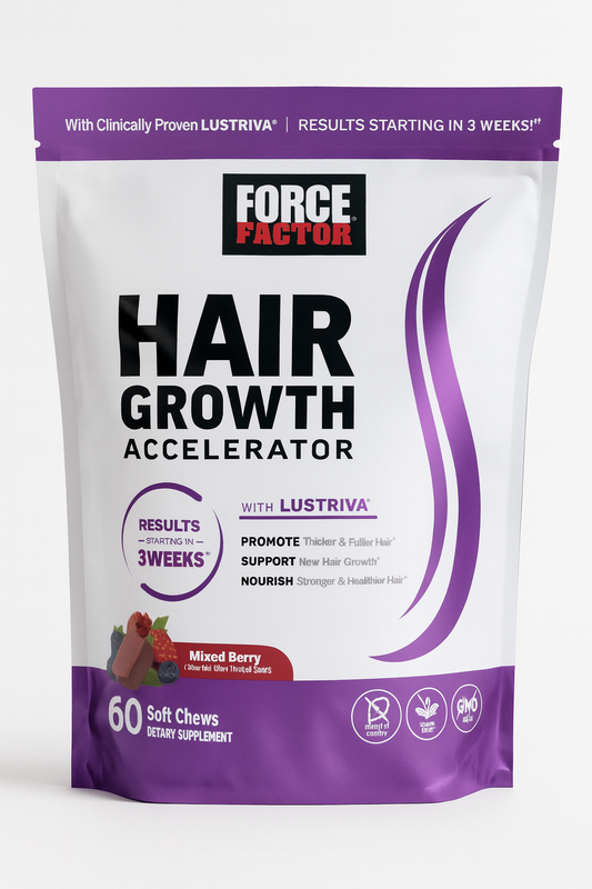 Force Factor Hair Growth Accelerator Chews – Mixed Berry Soft Chews with Lustriva, promotes thicker, fuller hair, supports new growth, nourishes stronger and healthier hair – 60 dietary supplement chews
