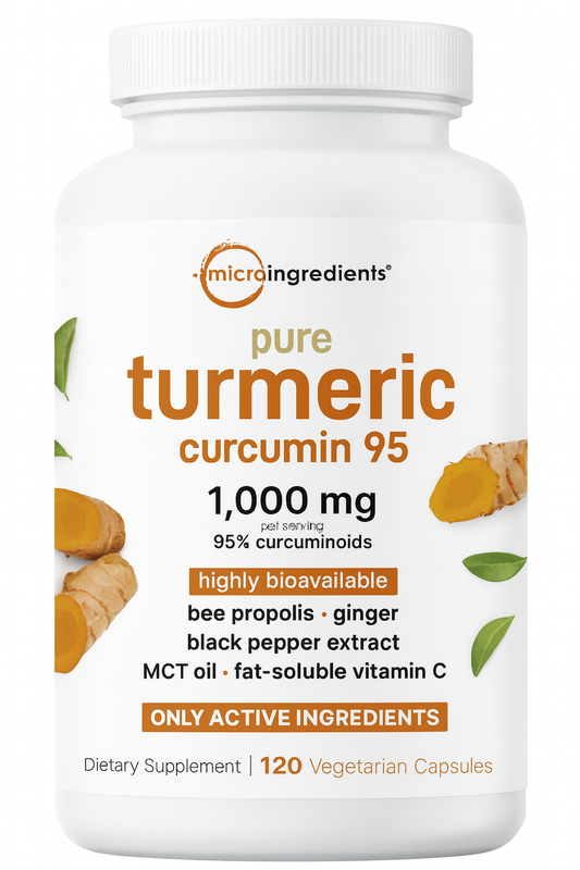 Bottle of Microingredients Pure Turmeric Curcumin 95 dietary supplement, 120 vegetarian capsules with high bioavailability, containing bee propolis, ginger, black pepper extract, MCT oil, and vitamin C.