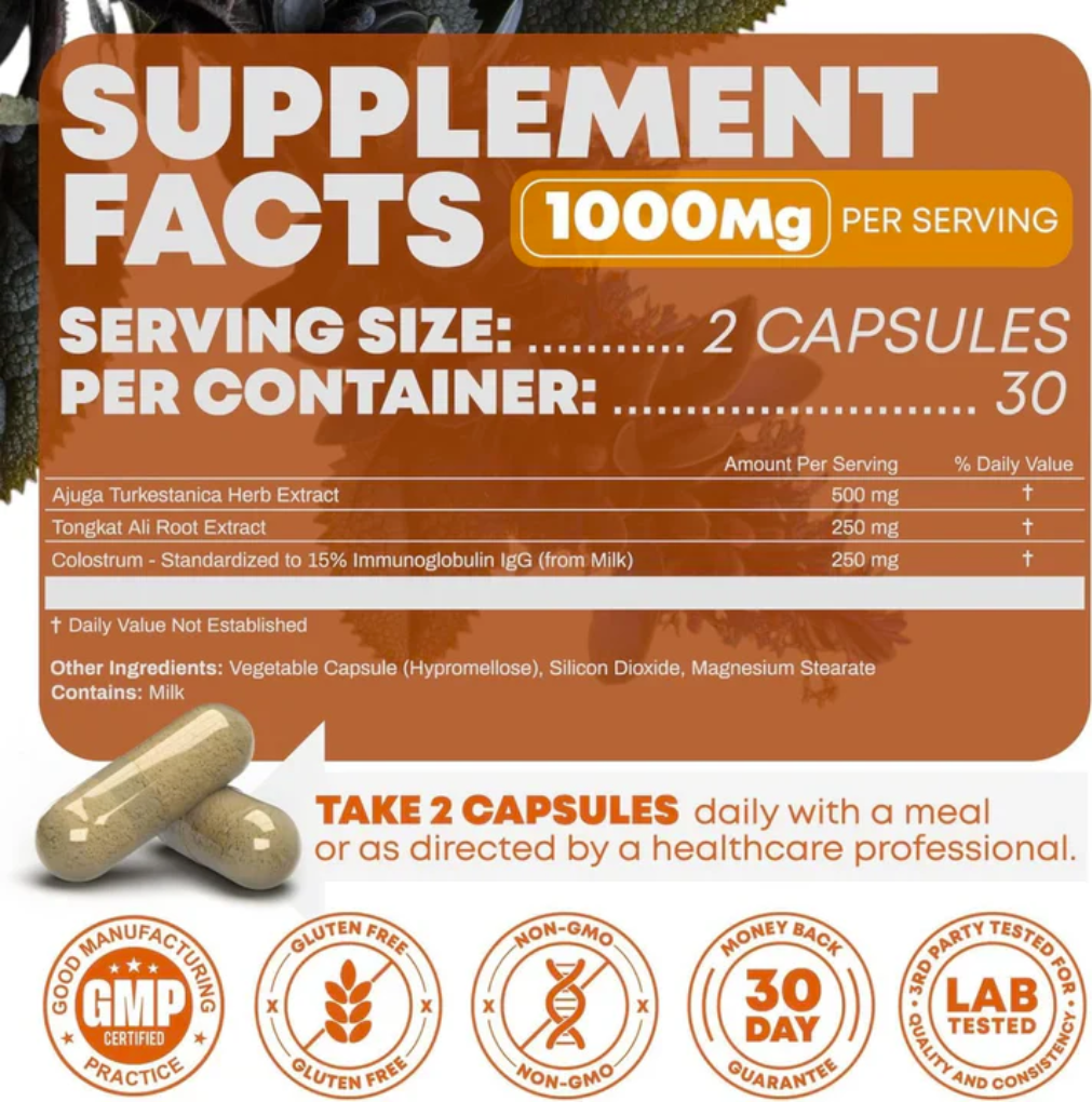 Turkesterone and Tongkat Ali supplement facts label – dosage, ingredients, and nutrition details for testosterone booster capsules