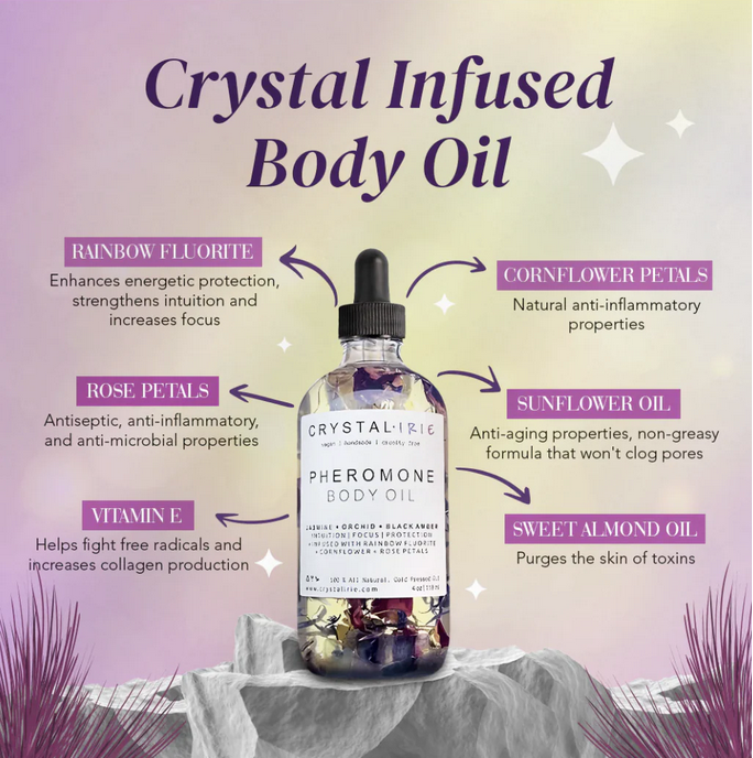 Crystal Irie Siren Glow Pheromone Body Oil benefits – rainbow fluorite, sunflower oil, rose petals, cornflower petals, vitamin E, and sweet almond oil.