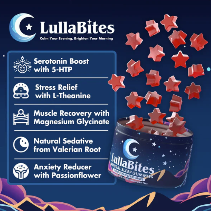 Side view of LullaBites Natural Sleep Gummies supplement jar