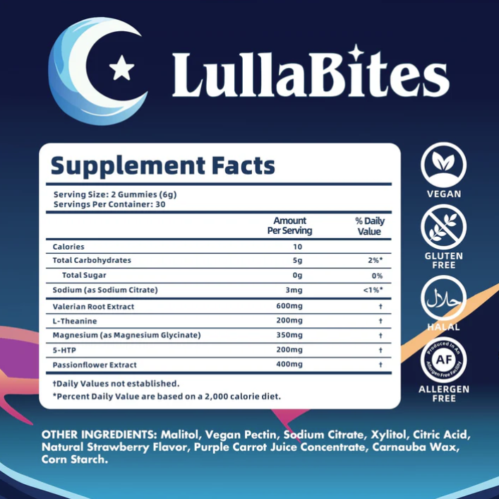Supplement facts label for LullaBites Natural Sleep Gummies