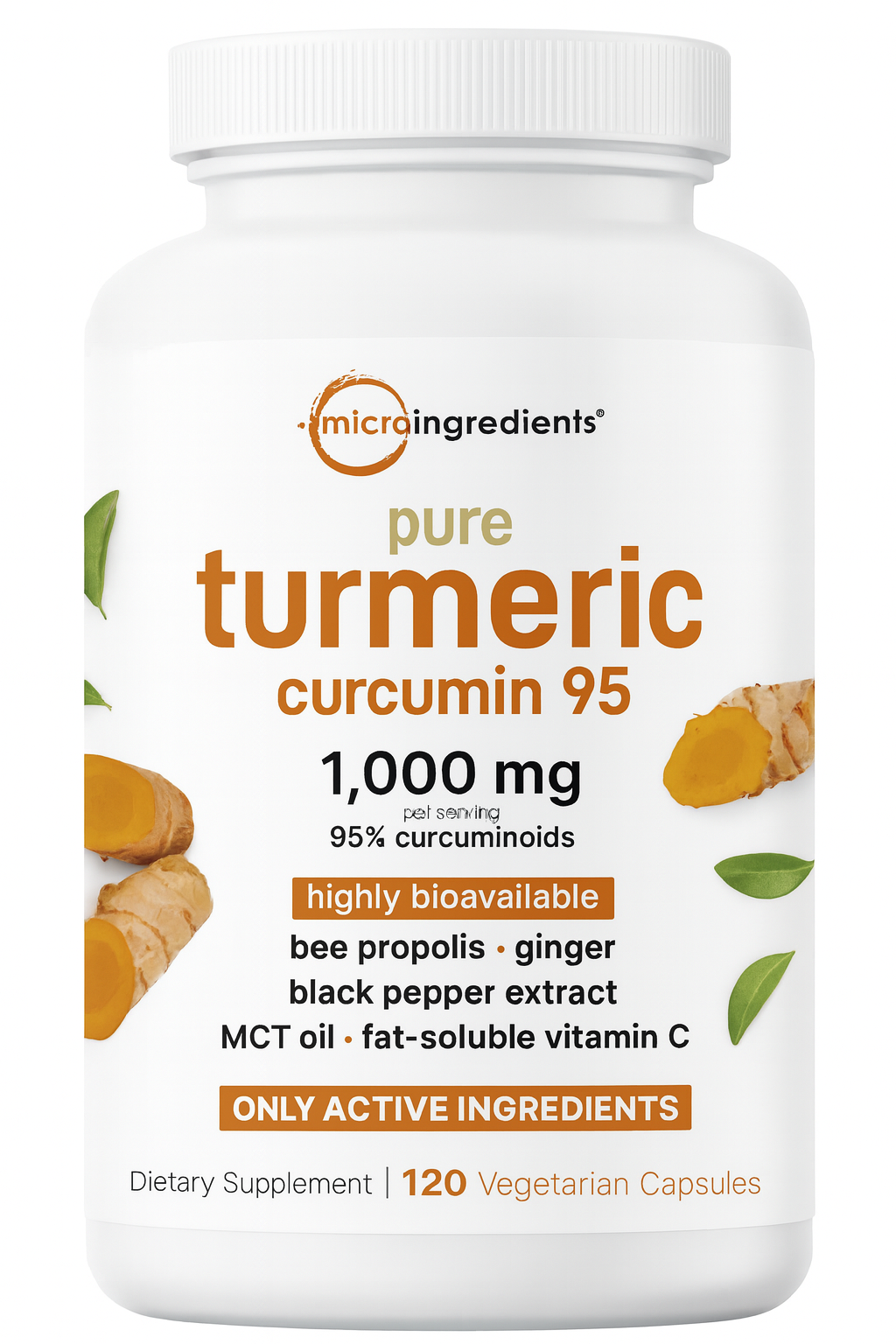 Bottle of Microingredients Pure Turmeric Curcumin 95 dietary supplement, 120 vegetarian capsules with high bioavailability, containing bee propolis, ginger, black pepper extract, MCT oil, and vitamin C.