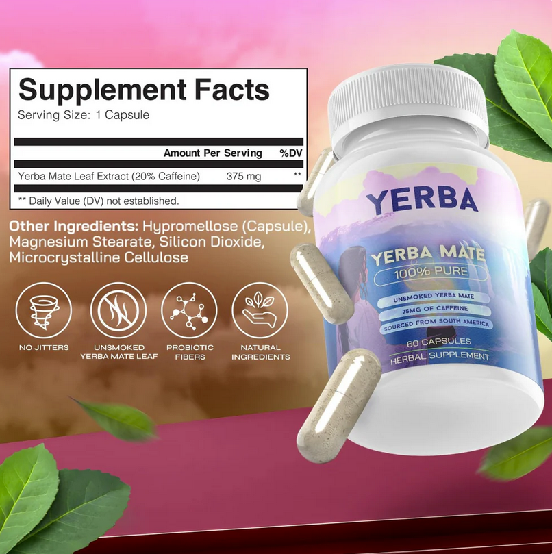 Yerba Mate supplement facts – 375mg leaf extract with natural caffeine, no jitters, unsmoked leaves, probiotic fibers for energy & focus