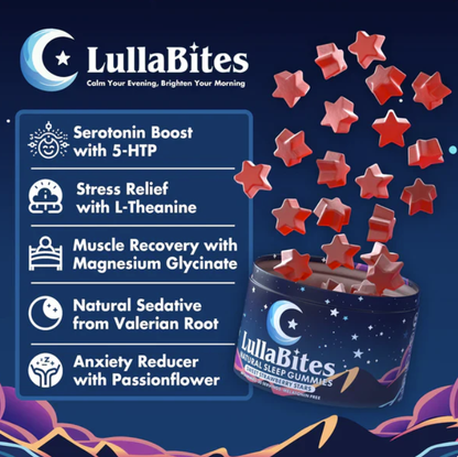 Side view of LullaBites Natural Sleep Gummies supplement jar
